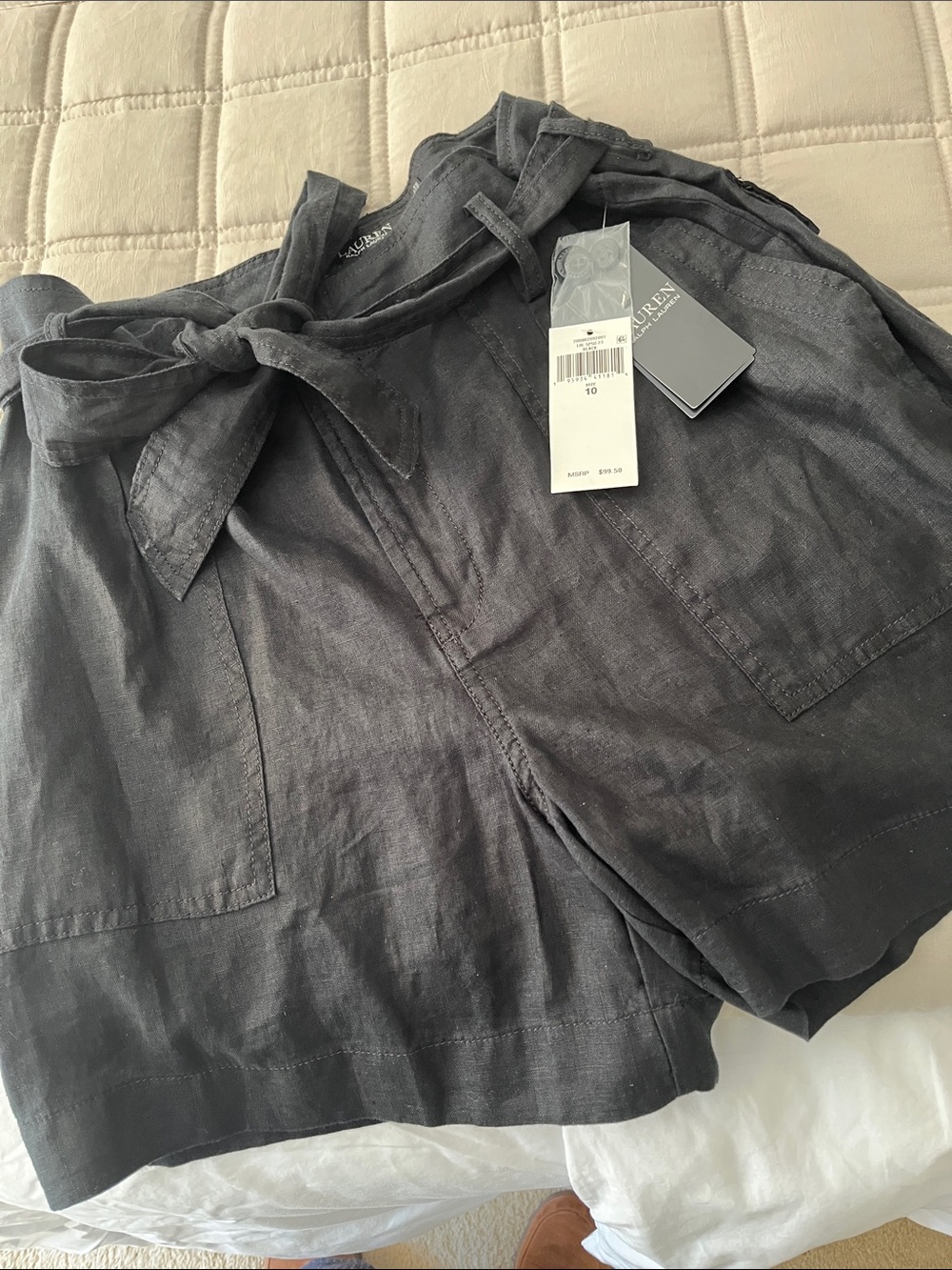 Ralph Lauren Charcoal Tie-Waist Linen Shorts